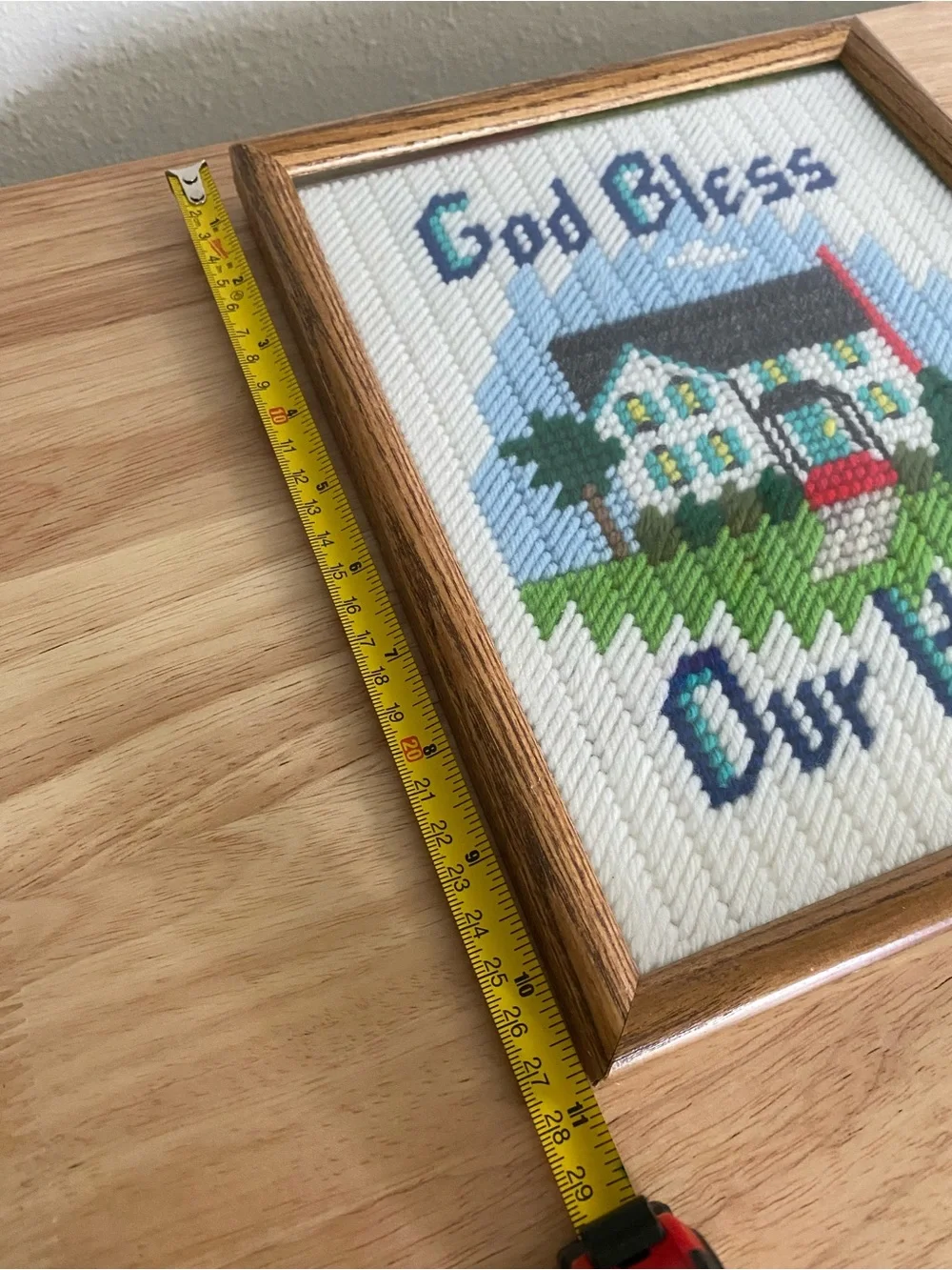 Vintage Framed Cross Stitch Embroidery God Bless Our Home Grannycore Wall Art